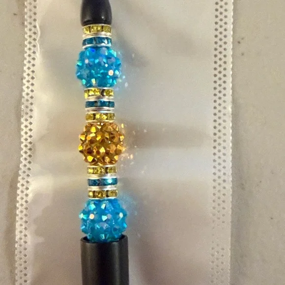 Home made Blue and Gold  Bejeweled Beaded refillable ballpoint Pen - Picture 2 of 5
